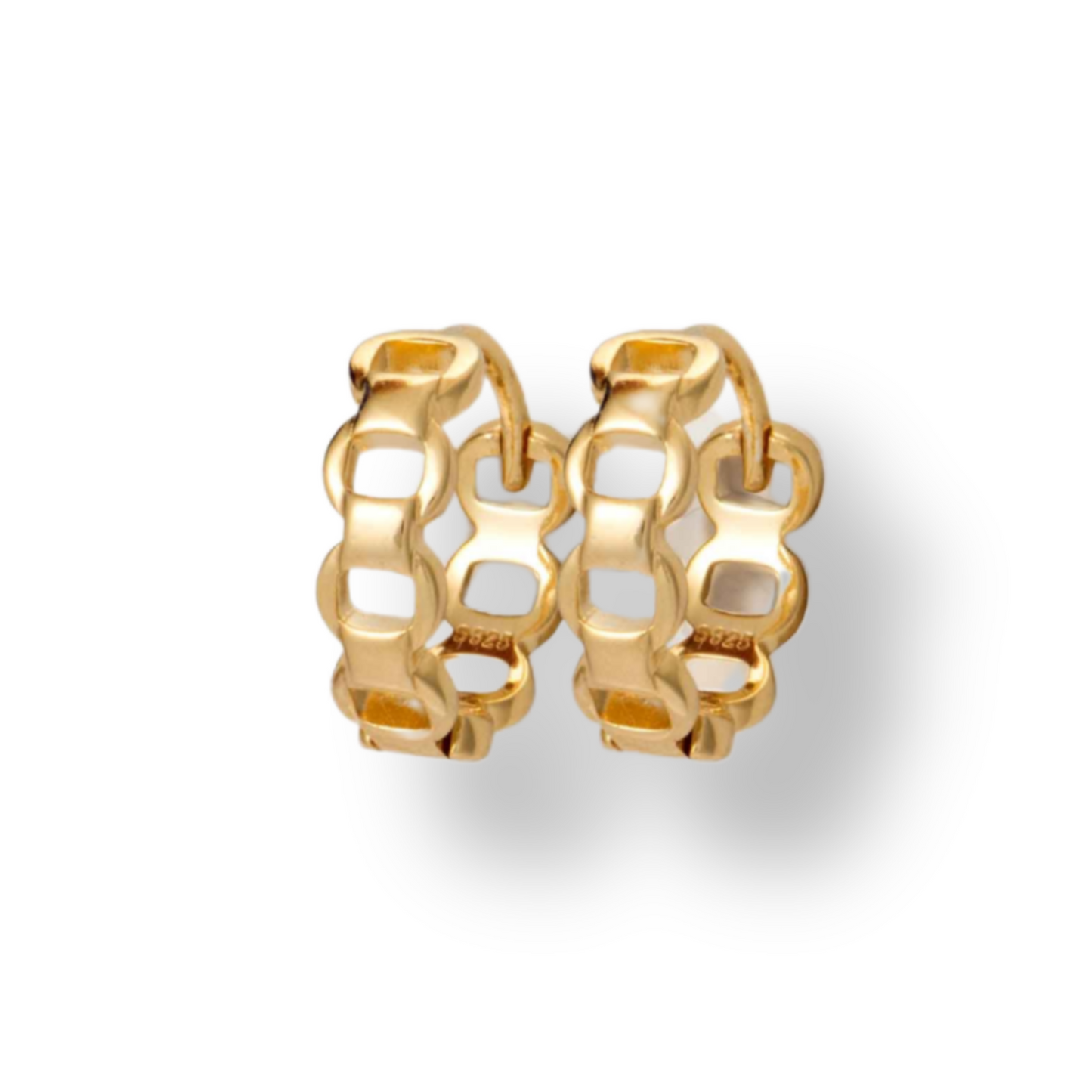 A pair of sterling silver chain link huggy hoop earrings with a gold plating.