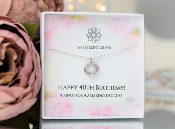 a 4 ring necklace presented in a gifting pack with "happy 40th Birthday" written below it