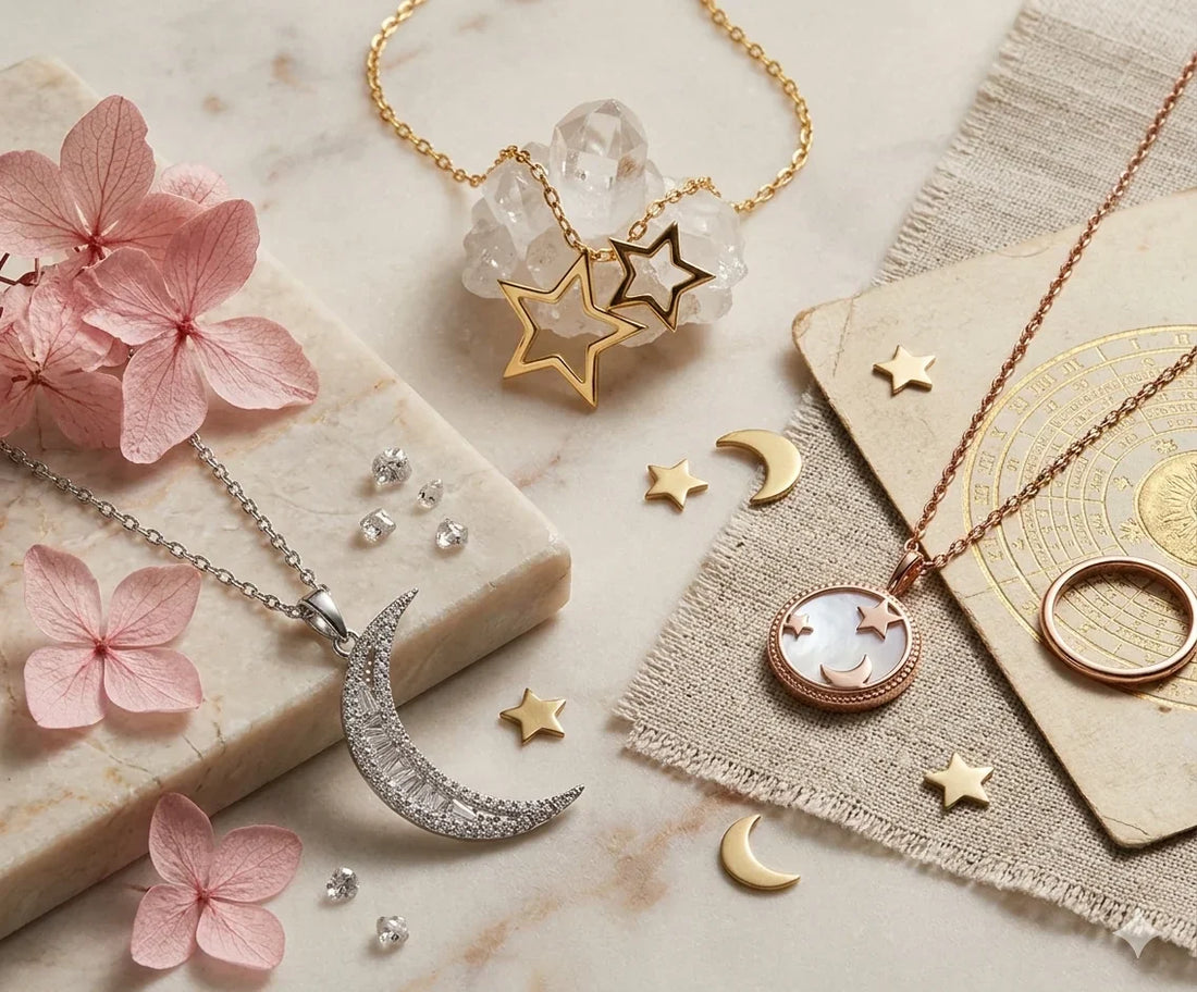 Gold star and moon pendant necklaces layered at different lengths