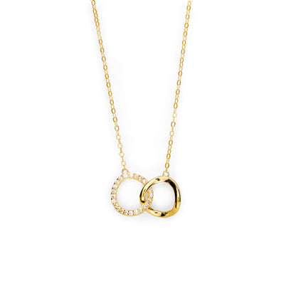 Gold mother-daughter necklace with linked circle pendant and rhinestone halo