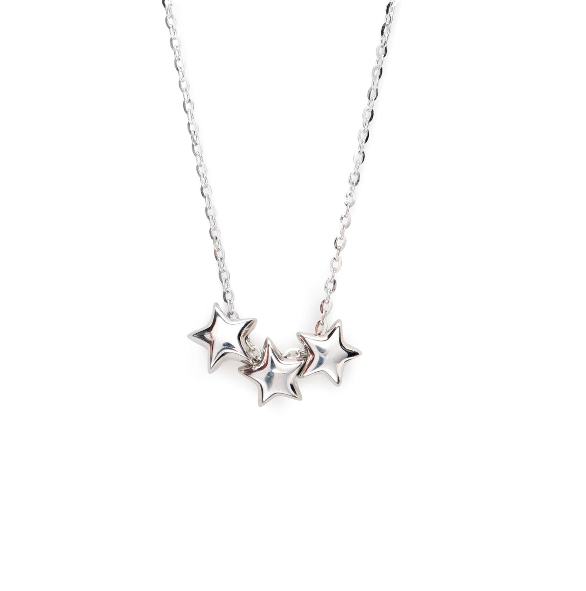 Silver 30th birthday necklace with three star pendants on a chain