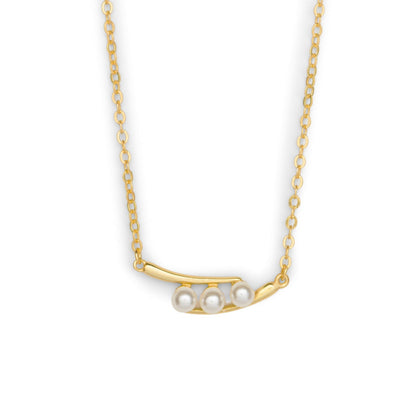 Gold peas-in-a-pod necklace with three faux pearls on a linked chain