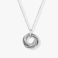 Silver multi-ring pendant necklace with a sparkling halo ring