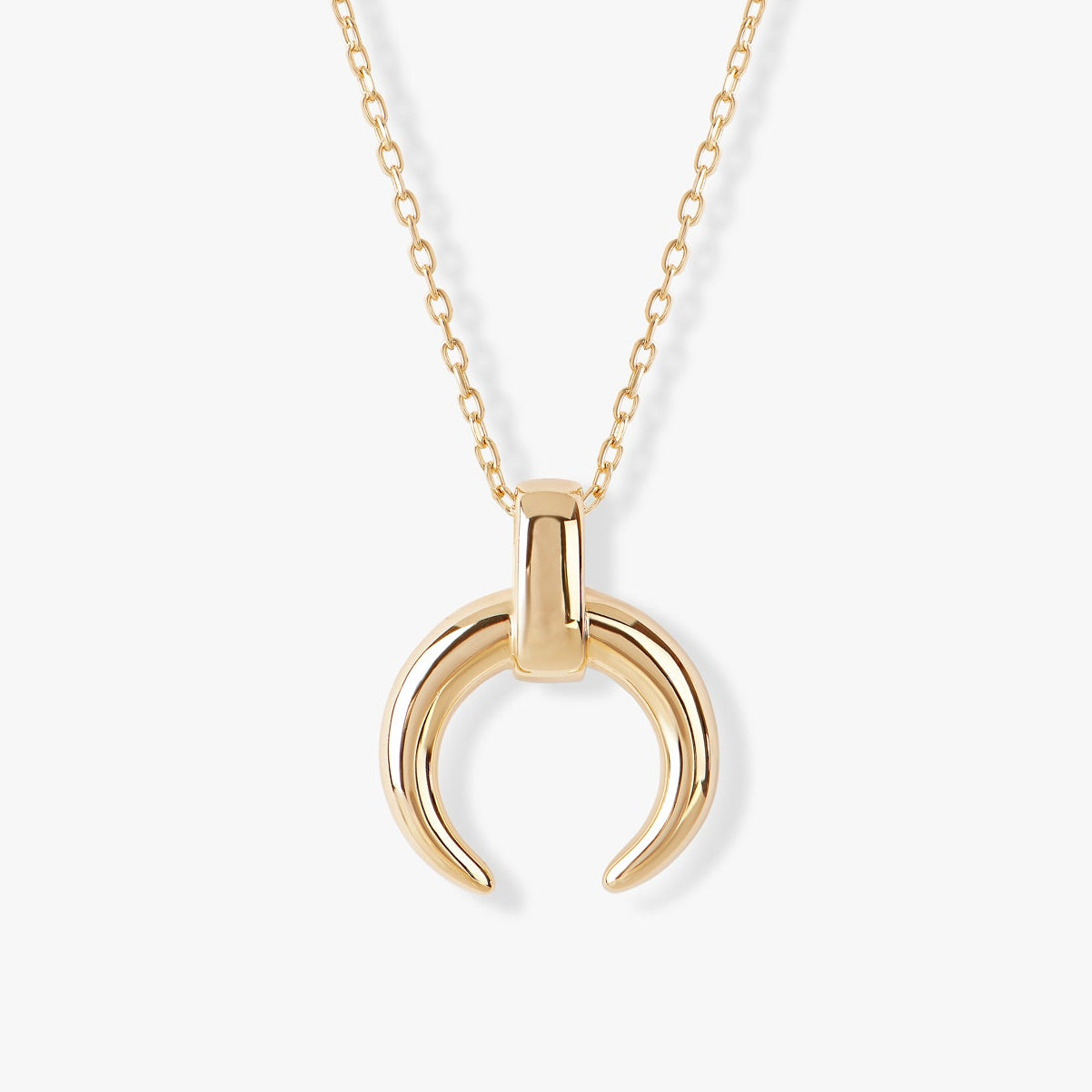 Gold crescent moon pendant necklace with loop clasp, on chain