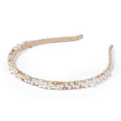 Pearl crystal headband with layered white pearl strands and gold-tone crystal trim