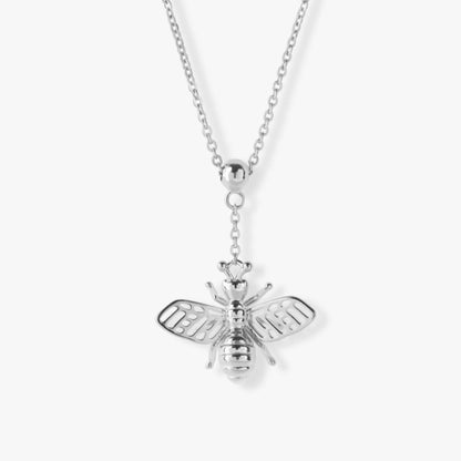 Silver bee pendant necklace with striped bee body and wing details on chain