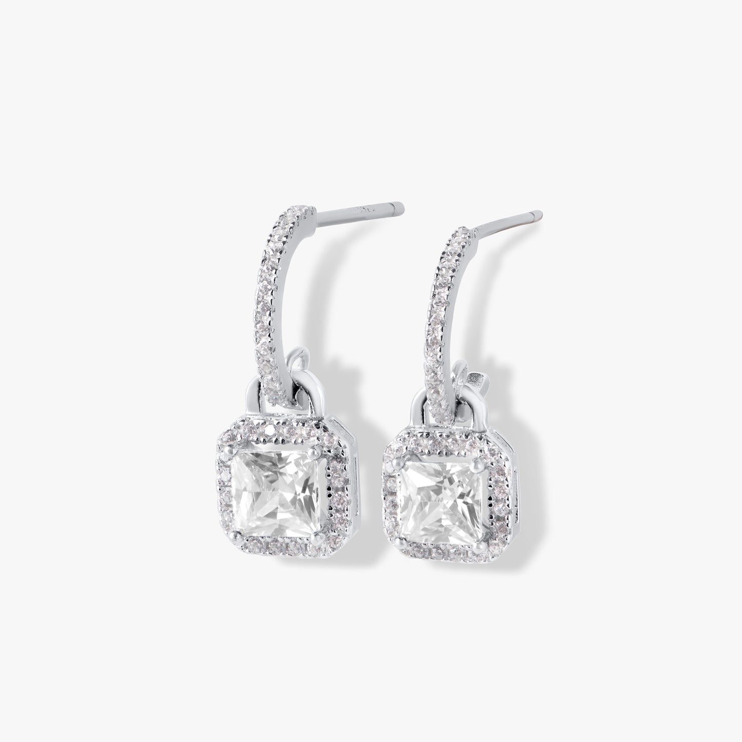 Sterling silver square drop earrings with pavé frame and square crystal drop