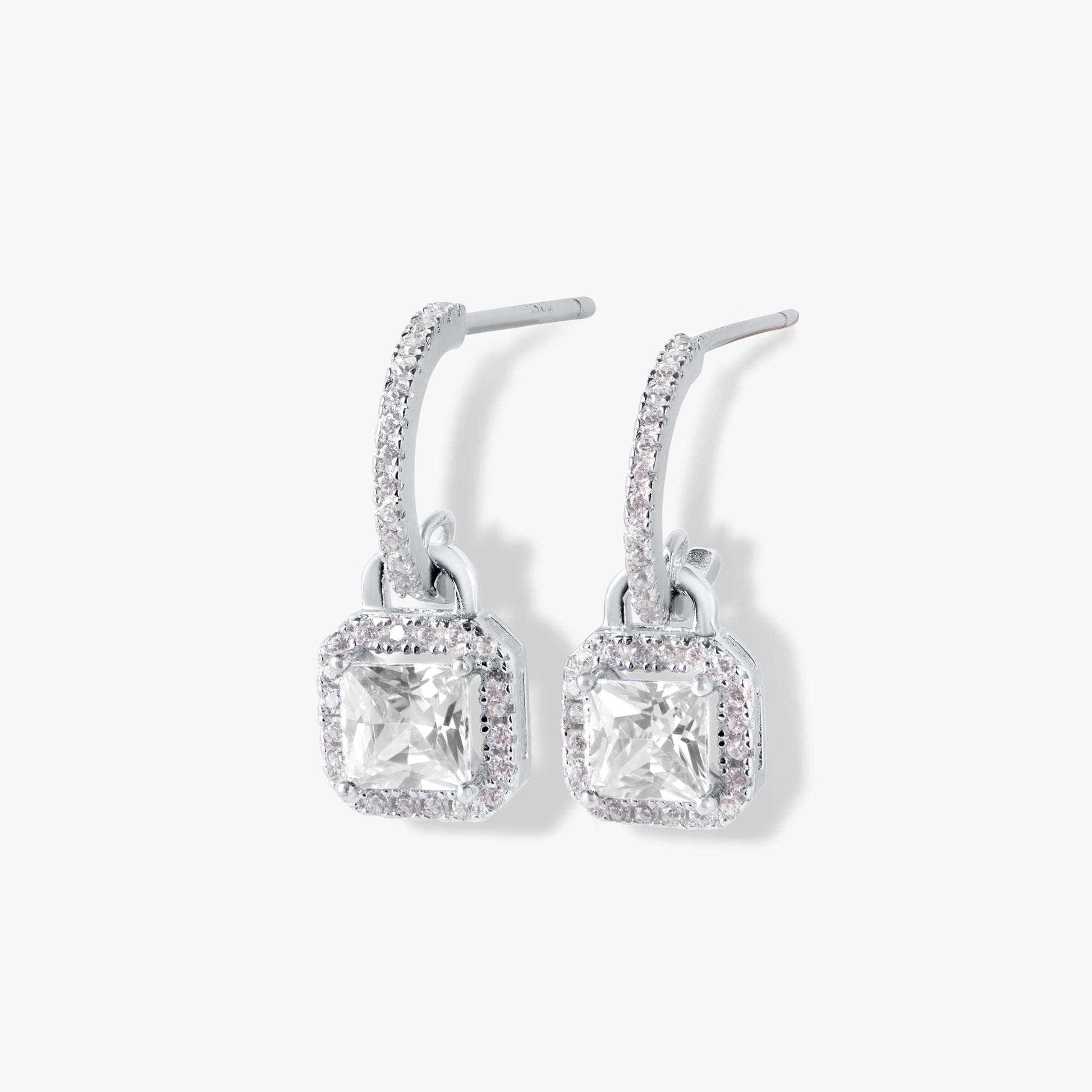 Sterling silver square drop earrings with pavé frame and square crystal drop