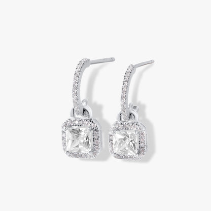 Sterling silver square drop earrings with pavé frame and square crystal drop