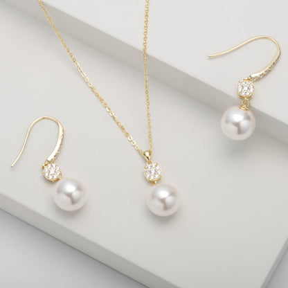Gold pearl and diamante drop earrings with circular sparkle caps and hooks