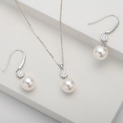 Silver pearl and diamante drop earrings with circular sparkle caps and hooks