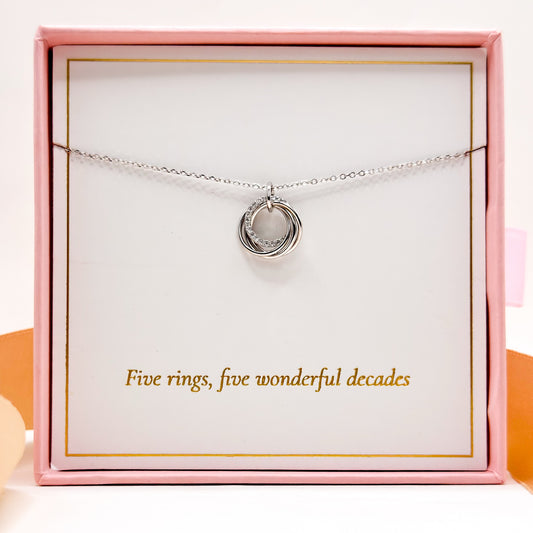 Silver 50th birthday necklace with circular ring charm pendant and chain