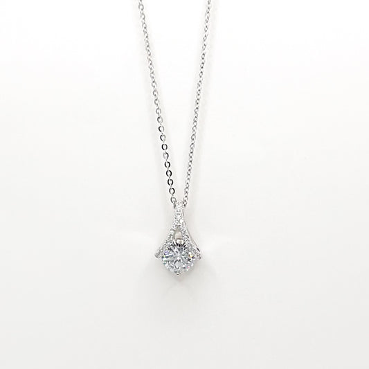 Silver-tone necklace with round halo gemstone pendant and delicate chain