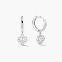Silver heart charm hoop earrings, hinged hoops with sparkling heart drops (pair).