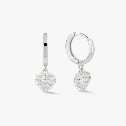 Silver heart charm huggy hoop earrings with pavé-style sparkling stones