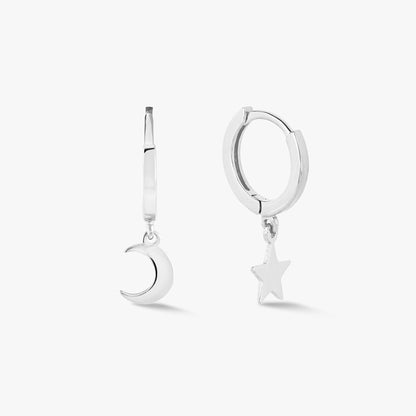 Star and moon charm hoop earrings, silver-tone crescent and star dangles