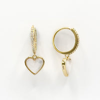 Gold heart drop earrings with white heart charms and textured hoop huggies