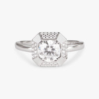 Lab-grown diamond cocktail ring with square halo and round center stone
