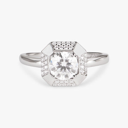 Lab-grown diamond cocktail ring with square halo and round center stone