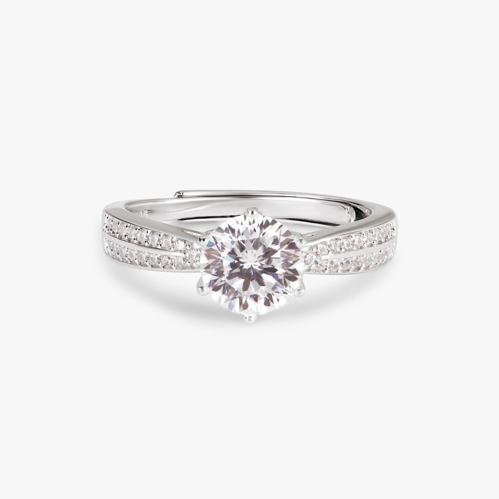 Silver lab-grown diamond ring with oval center stone and pave band