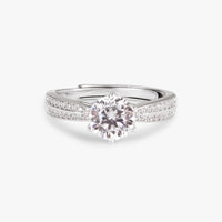 Silver lab-grown diamond ring with oval center stone and pave band