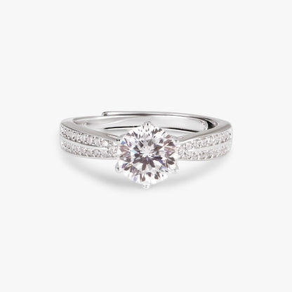 Silver lab-grown diamond ring with oval center stone and pave band