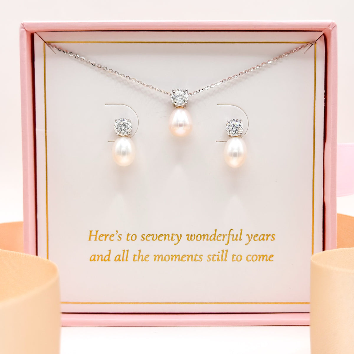 70th birthday pearl necklace and drop earring set with rhinestone accents