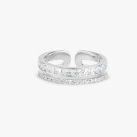 Sterling silver adjustable ring with double row of clear pave stones, open design