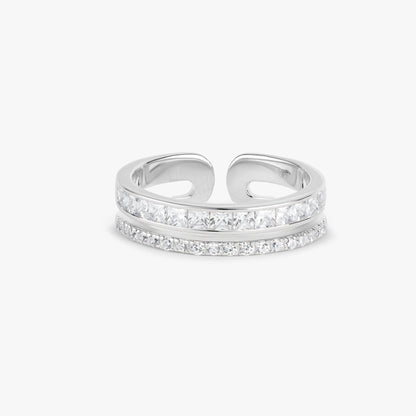 Sterling silver adjustable ring with double row of clear pave stones, open design