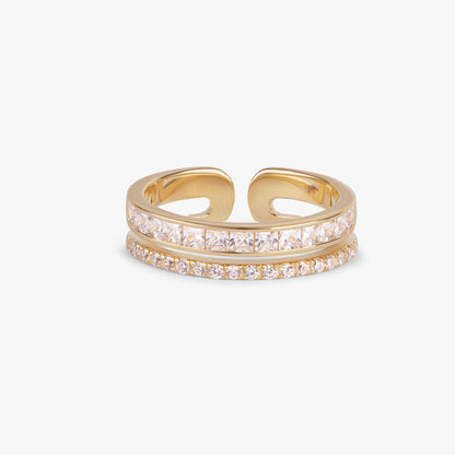 Gold adjustable ring with double row of clear pave stones, open design