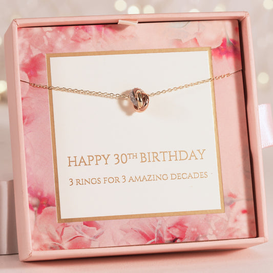 Necklace with knot charm in a pink floral box with a 30th birthday message