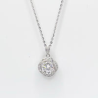 Moissanite floral pendant necklace with round halo center, silver-tone chain