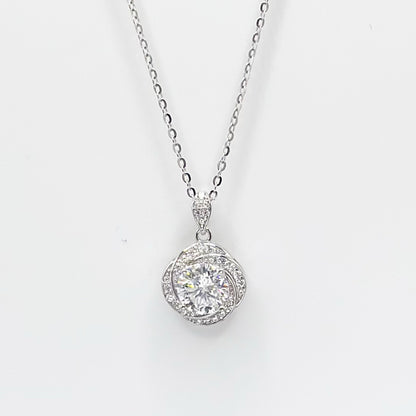 Moissanite floral pendant necklace with round halo center, silver-tone chain