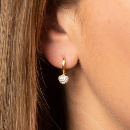 Gold small heart charm huggy hoop earrings with pavé heart dangle