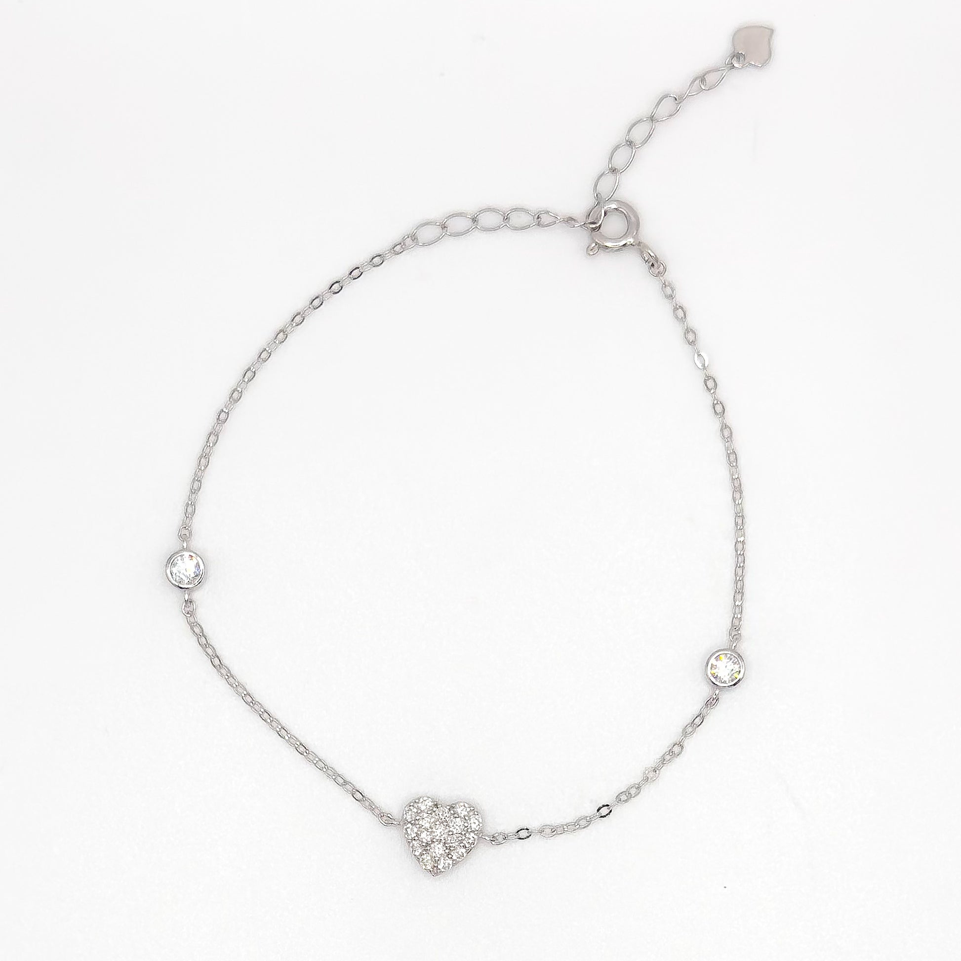 Moissanite diamond heart bracelet with silver chain and round accent stones