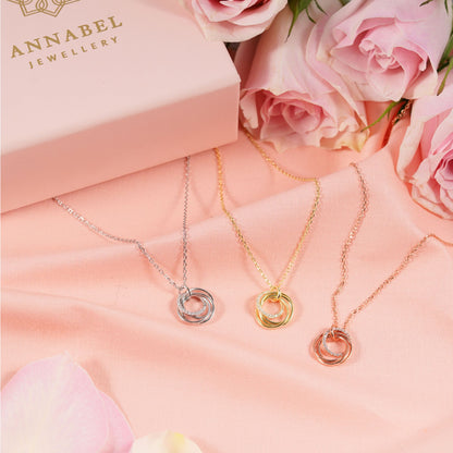 Multitone 4-ring pendant necklaces on thin chains, circular stacked rings charms