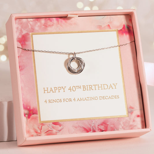 Silver necklace with a pendant in a pink gift box with a birthday message