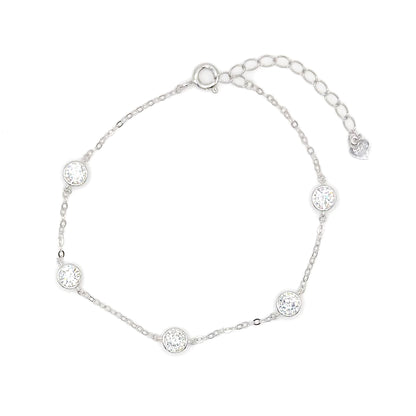 Silver-tone bracelet with five round crystal gem charms and spring clasp