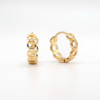 Gold chain-link huggie hoop earrings with hinged clasp, small round hoop
