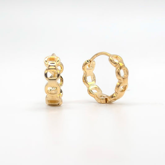 Gold chain-link huggie hoop earrings with hinged clasp, small round hoop