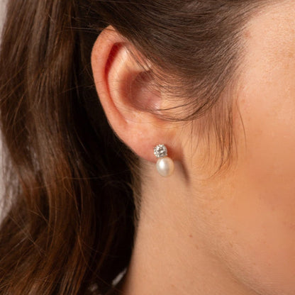 Freshwater pearl drop earring with lab-grown diamond top and metal stud