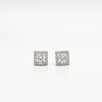 Square stud earrings with cushion-cut moissanite and halo setting