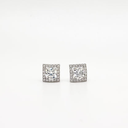 Pair of square cushion moissanite stud earrings, clear stones in silver-toned settings