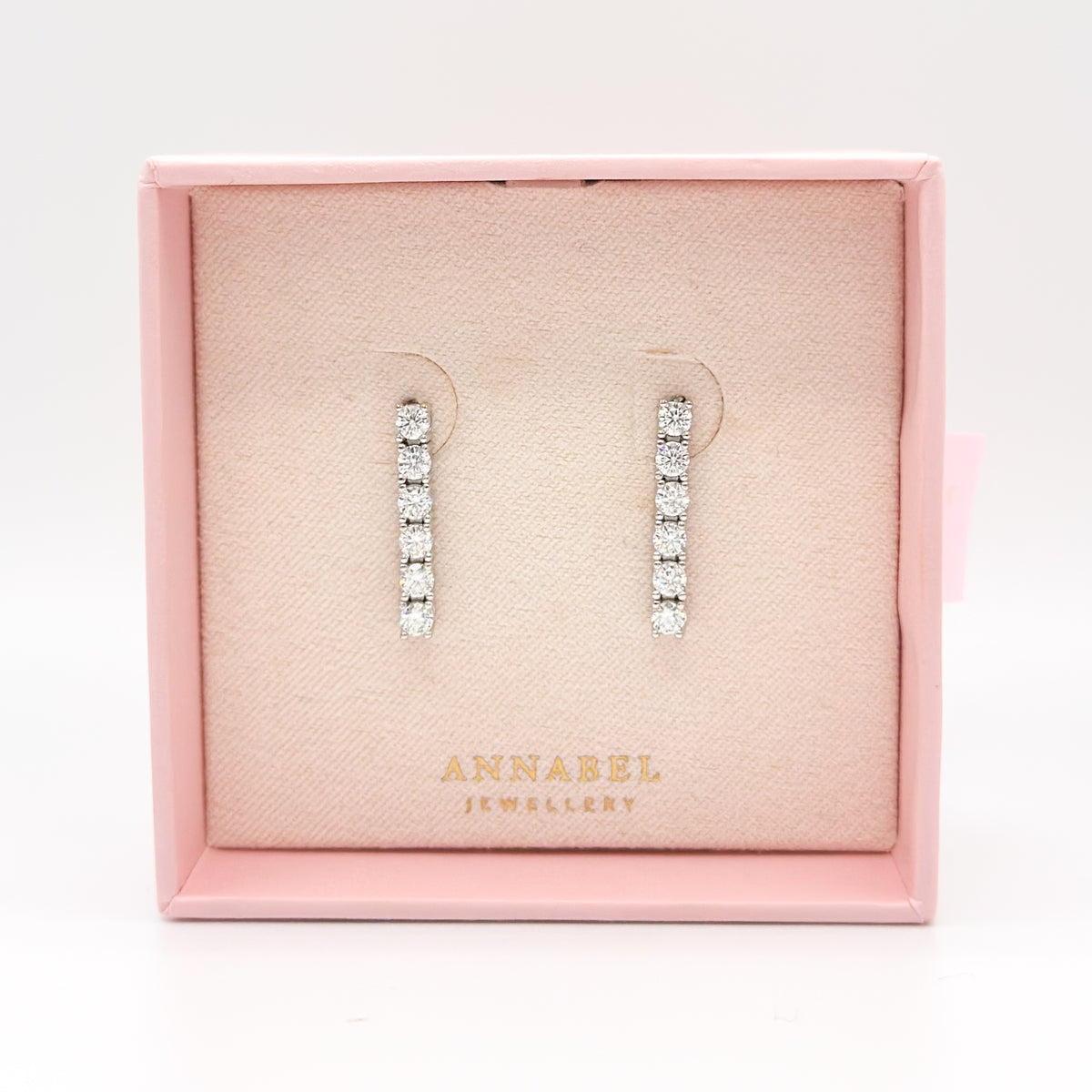 Moissanite tennis drop earrings with rectangular crystal-studded bars, in gift box