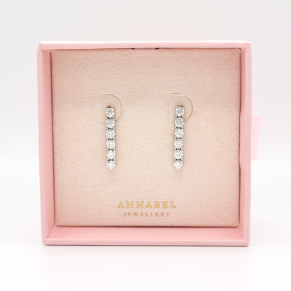 Moissanite tennis drop earrings with rectangular crystal-studded bars, in gift box