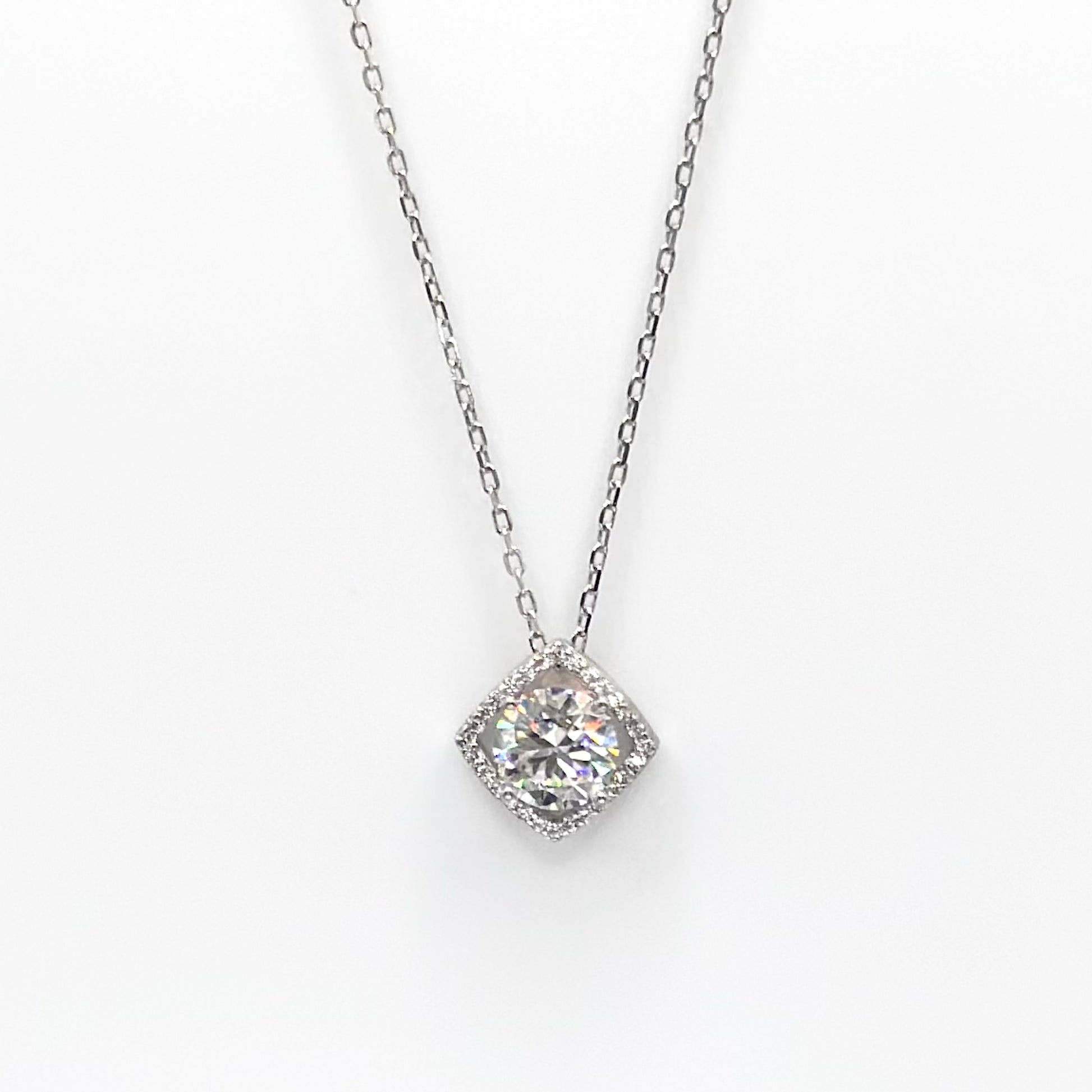 Lab-grown moissanite pendant necklace with square solitaire stone on silver chain