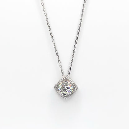 Lab-grown moissanite pendant necklace with square solitaire stone on silver chain