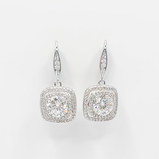Square drop earrings with halo-set center stone, silver-tone, dangling from hooks