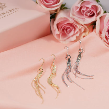 Tassel fringe earrings, gold and silver, with circular tops and chain tassels