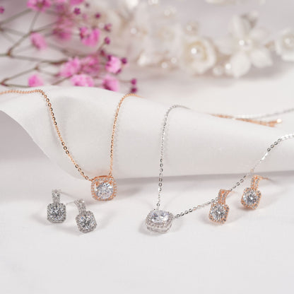 Square crystal pendant necklaces with matching stud earrings